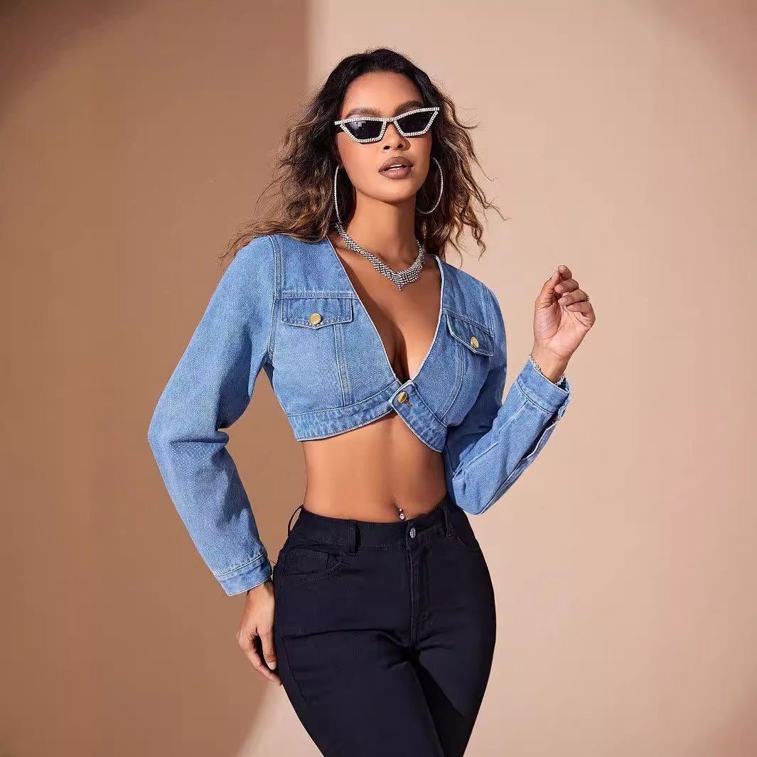 Women Clothing Fashionable Fitted Long Sleeve Short Denim Shirt