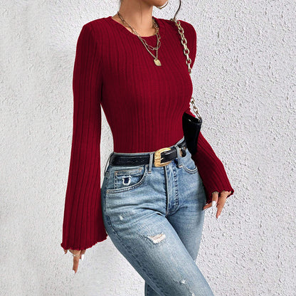 Round Neck Flared Sleeves Wine Red T shirt Autumn Winter Office All Matching Top