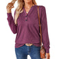 Autumn Winter Solid Color V-neck Button Loose Long-Sleeved T-shirt Top Ladies