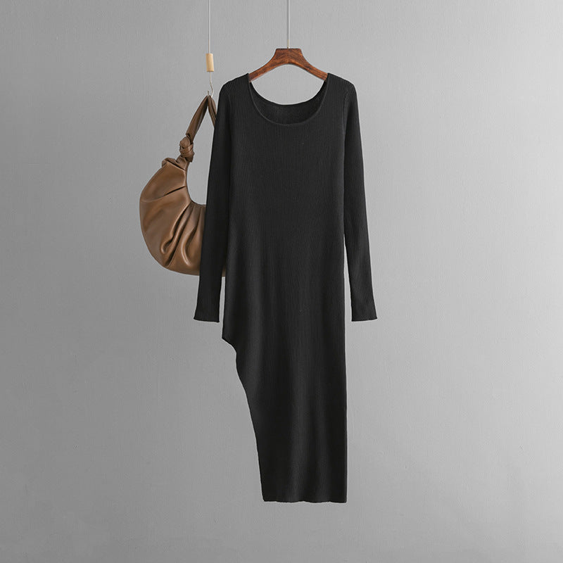 Knitted Dress Autumn Solid Color Slim Fit Slit Long Tight Bottoming Hip Dress