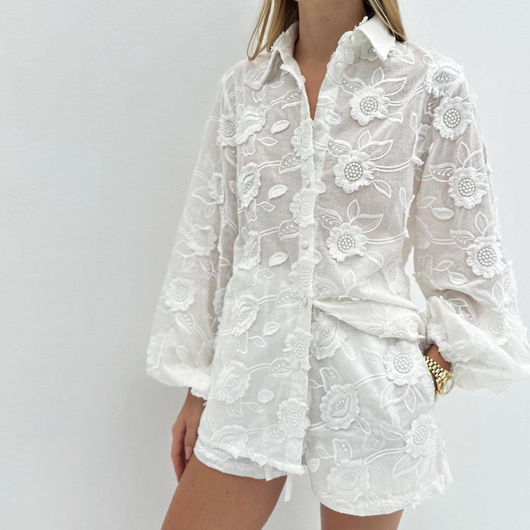 Sexy Suit Spring Autumn Cotton Embroidered Transparent Shirt High Waist Shorts