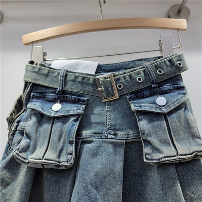 Three Dimensional Pocket Denim Skirt Women Small Sexy Pleated Skirt Retro High Waist Anti Exposure A Line Skirt Autumn