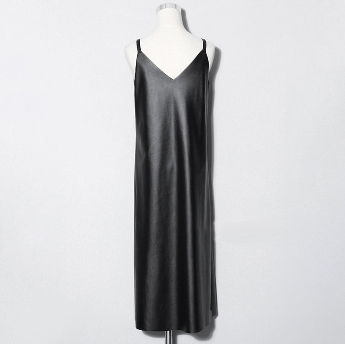 Women Sleeveless Sling Faux Leather Dress Spring Loose Trendy Side Slit Midi Dress