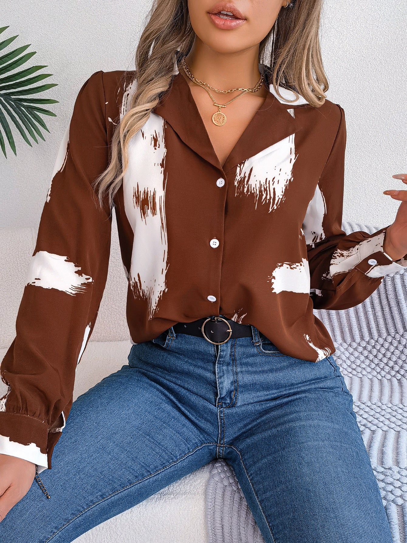 Autumn Winter Contrast Color Striped Collar Long Sleeve Shirt Women Clothing