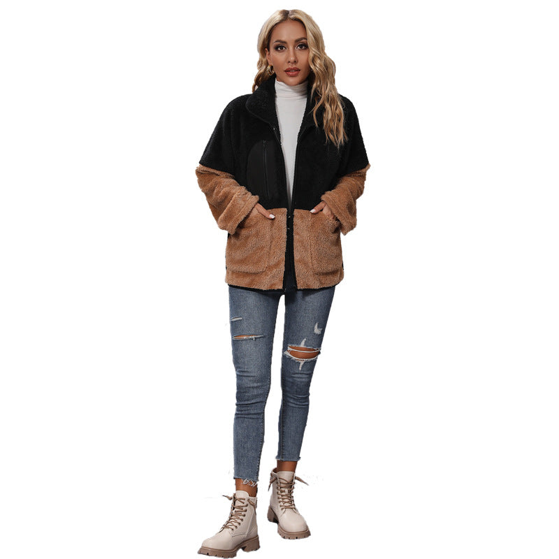 Fall Women Collared Long Sleeve Loose Color Matching Zipper Thickening Plush Casual Jacket