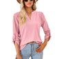 Autumn Winter Solid Color V-neck Three-Quarter Sleeve Button Loose-Fitting T-shirt Top Women