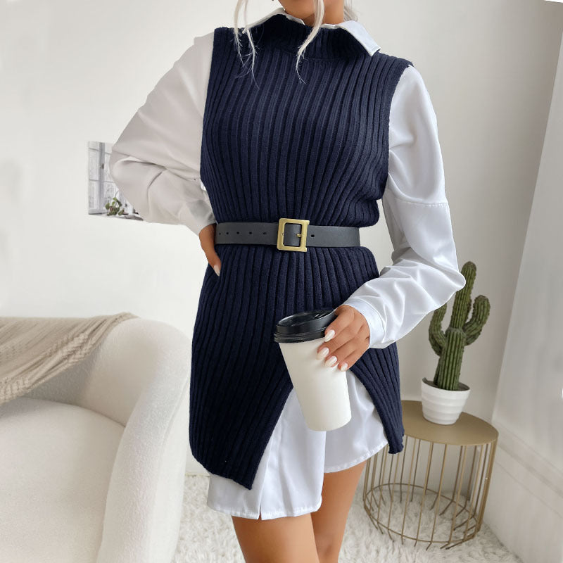 Dedicated for Early Autumn Middle East Women Split Solid Color Mid Length Vest Sweater