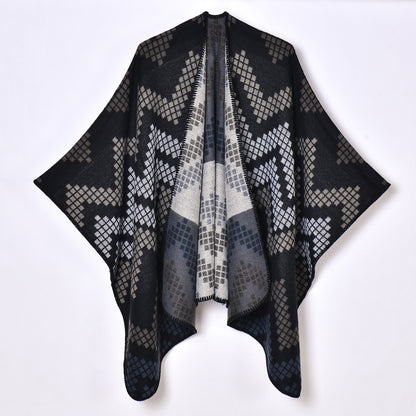 Autumn Winter Women Simple Elegant Jacquard Thickened Shawl Knitted Slit Warm Cloak