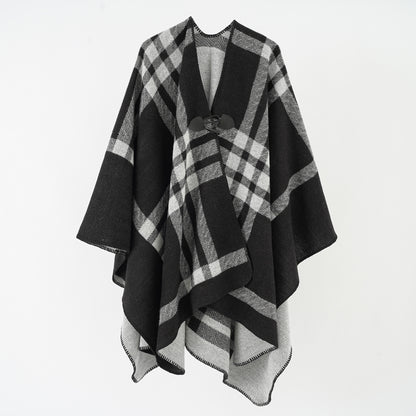 Double Sided Plaid Inverness Women Spring Autumn Cape Cloak Large Kerchief Double Sided Wear Woolen Knit Cloak