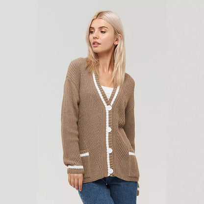 Knitted Cardigan Sweater Women Autumn Winter All Matching V Neck Pocket Color Matching Knitted Long Sleeve Sweater Coat Women