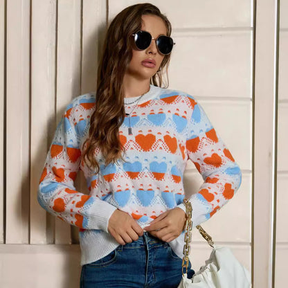 Women Clothing Color Contrast Love Jacquard Knitted Sweater Spring Autumn Pullover Round Neck Long Sleeves Top