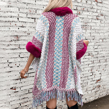 Autumn Winter Striped Knitted Tassel Cloak Women Loose Ethnic Sweater Cardigan Shawl Women