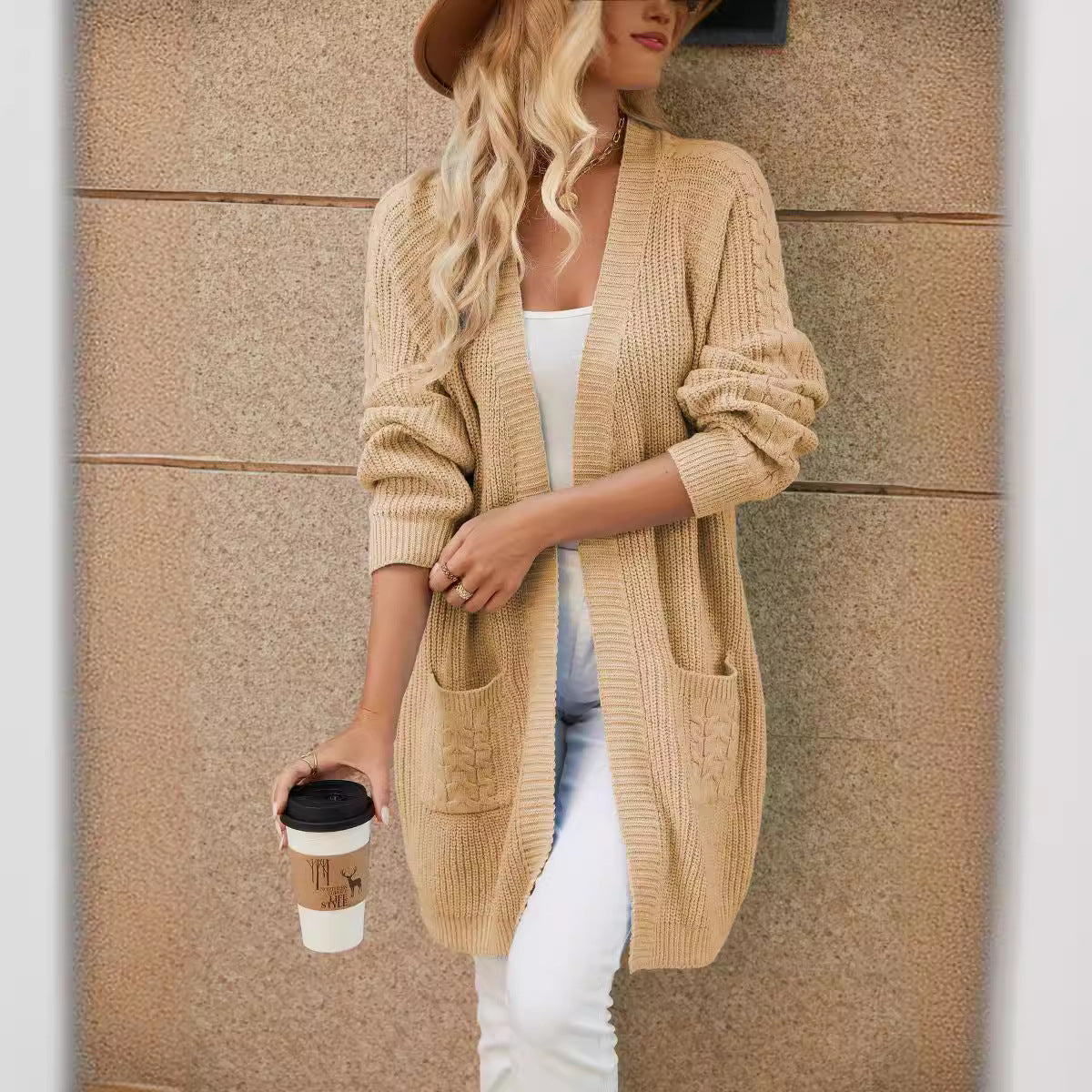 Long Knitted Cardigan Women Autumn Winter Knitted Loose Patchwork Pocket V-neck Sweater Sweater Coat