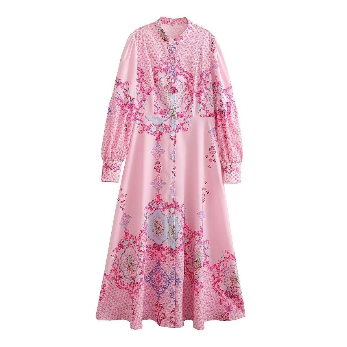 Women Clothing Ra Loose Casual Positioning Printed Shirt Dress Long Dress