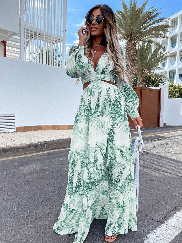 Women Wear Autumn Long Printed V-neck Long Sleeve Elegant Dress