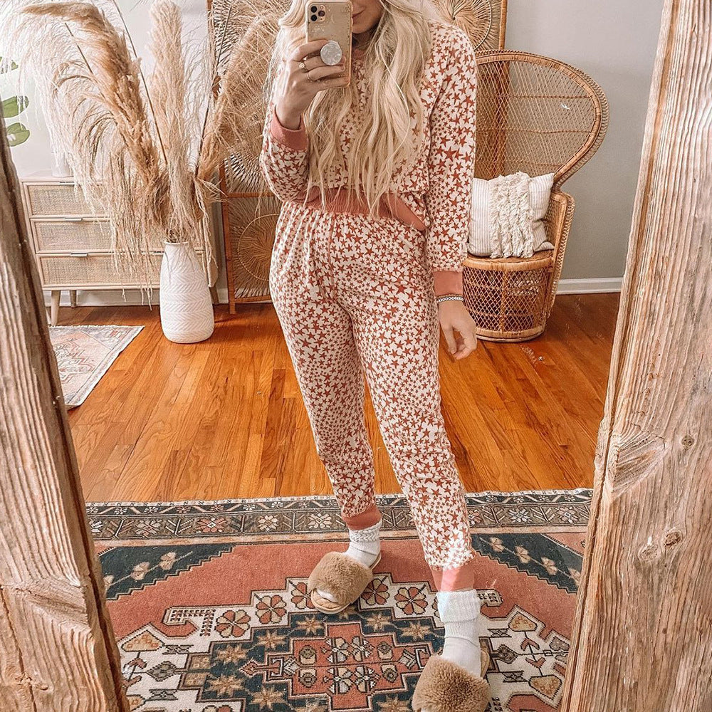 Five-Pointed Star Printed Long-Sleeved Casual Suit Pajamas Pajamas for Women Autumn Winter