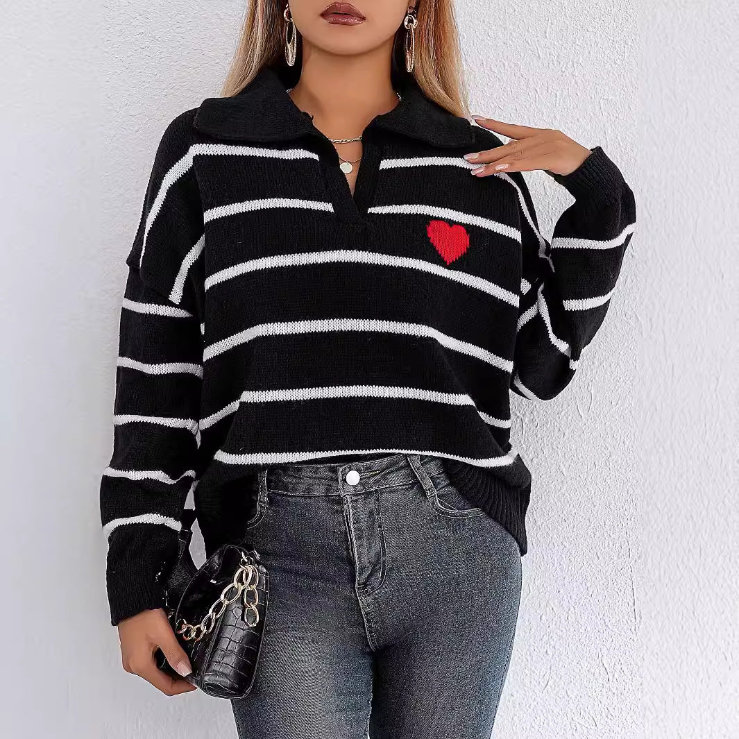 Women Pullover Sweater Top Color Contrast Patchwork Striped Love Polo Collar Sweater