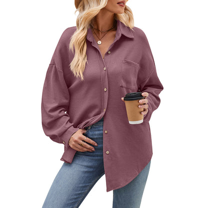 Women Autumn Winter Casual Loose Pockets Waffle Shirt