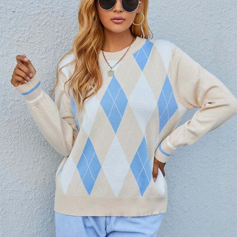 Autumn Winter Sweater Round Neck Pullover Straight Fashionable Retro Rhombus Plaid Sweater Women