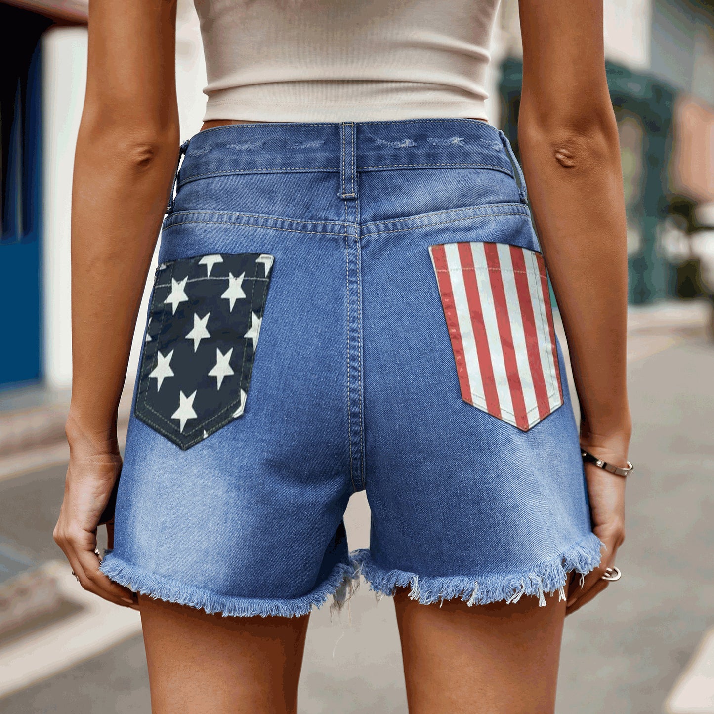 Women Clothing Flag Print Water Washed Hole One Breasted Denim Shorts Women