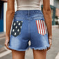 Women Clothing Flag Print Water Washed Hole One Breasted Denim Shorts Women