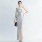 Craft Ostrich Feather Decorative Diagonal Shoulder Roman Collar Side Slit High End Evening Dress