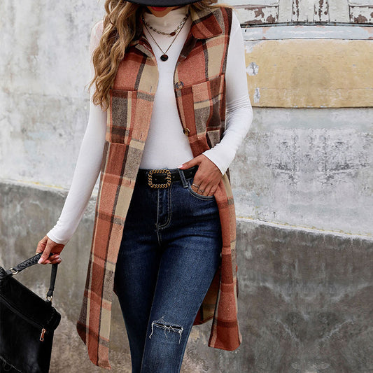 Autumn Winter Sleeveless Collared Cardigan Coat Retro Mid Length Plaid Vest