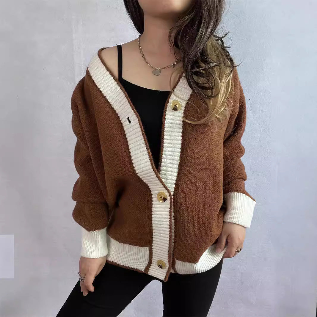 Autumn Winter Contrast Color Cardigan Sweater Street Loose Knitted Sweater