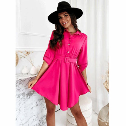 Spring Rolled Sleeves Cinched Blouse Long Sleeve Solid Color Dress