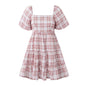 Spring Girlish Plaid Bow A line Dress Sweet Fresh Puff Sleeve High Waist Dress