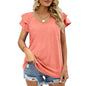 Women Summer Solid Color V-neck Double Layer Ruffle Sleeve Loose Top T-shirt