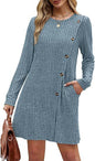 Women Clothing Round Neck Side Button Pocket Long Sleeve Waist Dress