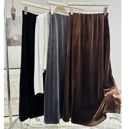 Velvet Skirt Figure Flattering Side Slit Skirt Mid Length Casual A Line Skirt