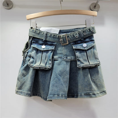 Three Dimensional Pocket Denim Skirt Women Small Sexy Pleated Skirt Retro High Waist Anti Exposure A Line Skirt Autumn