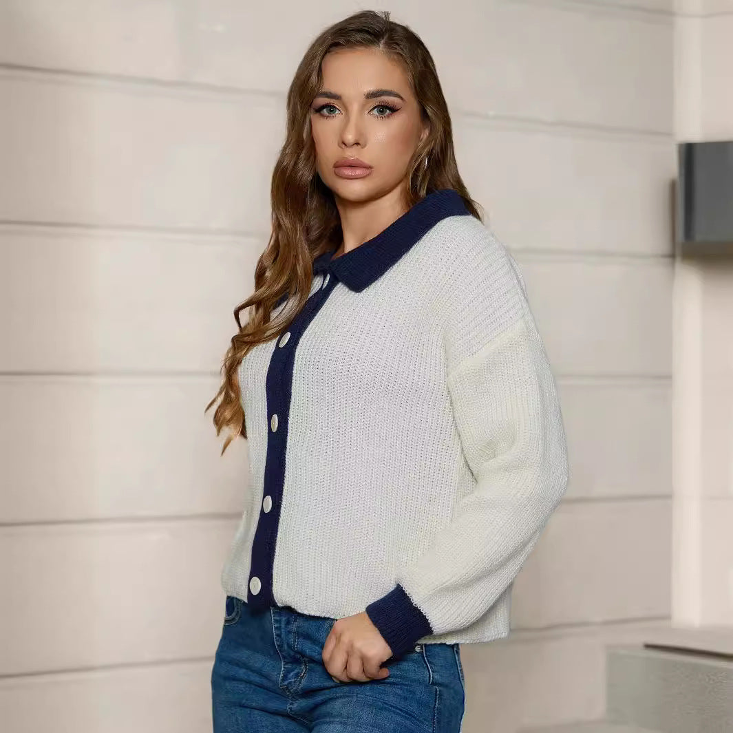 Polo Collar Long Sleeved Knitted Cardigan Women Solid Color Single Breasted All Match Top Women