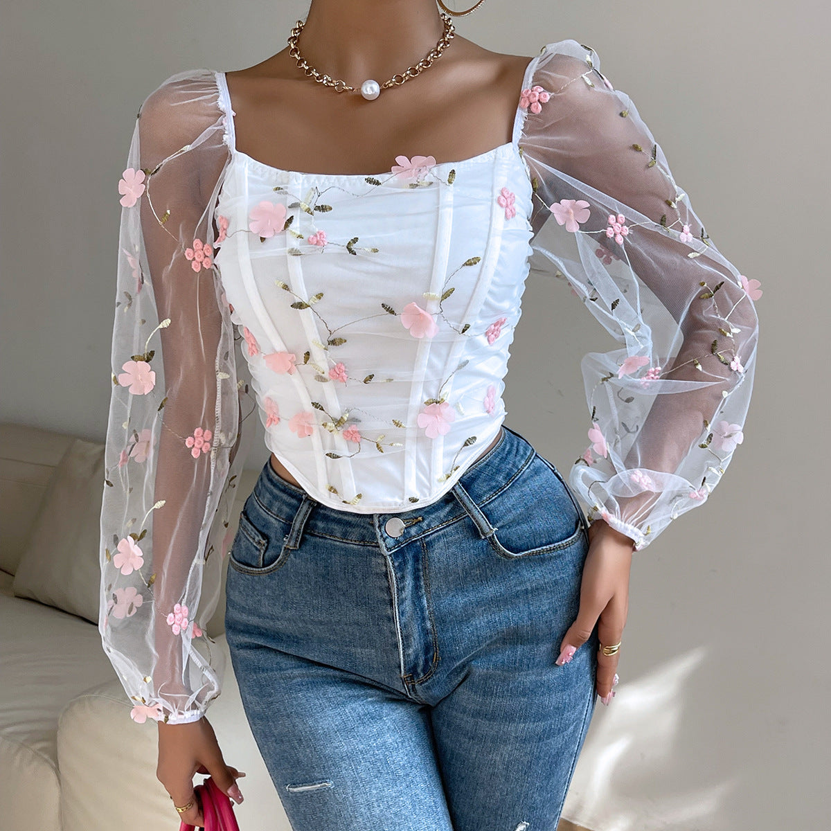 Women Clothing Sexy Mesh See through Embroidered Floral Double Layer Boning Corset Long Sleeve Bra