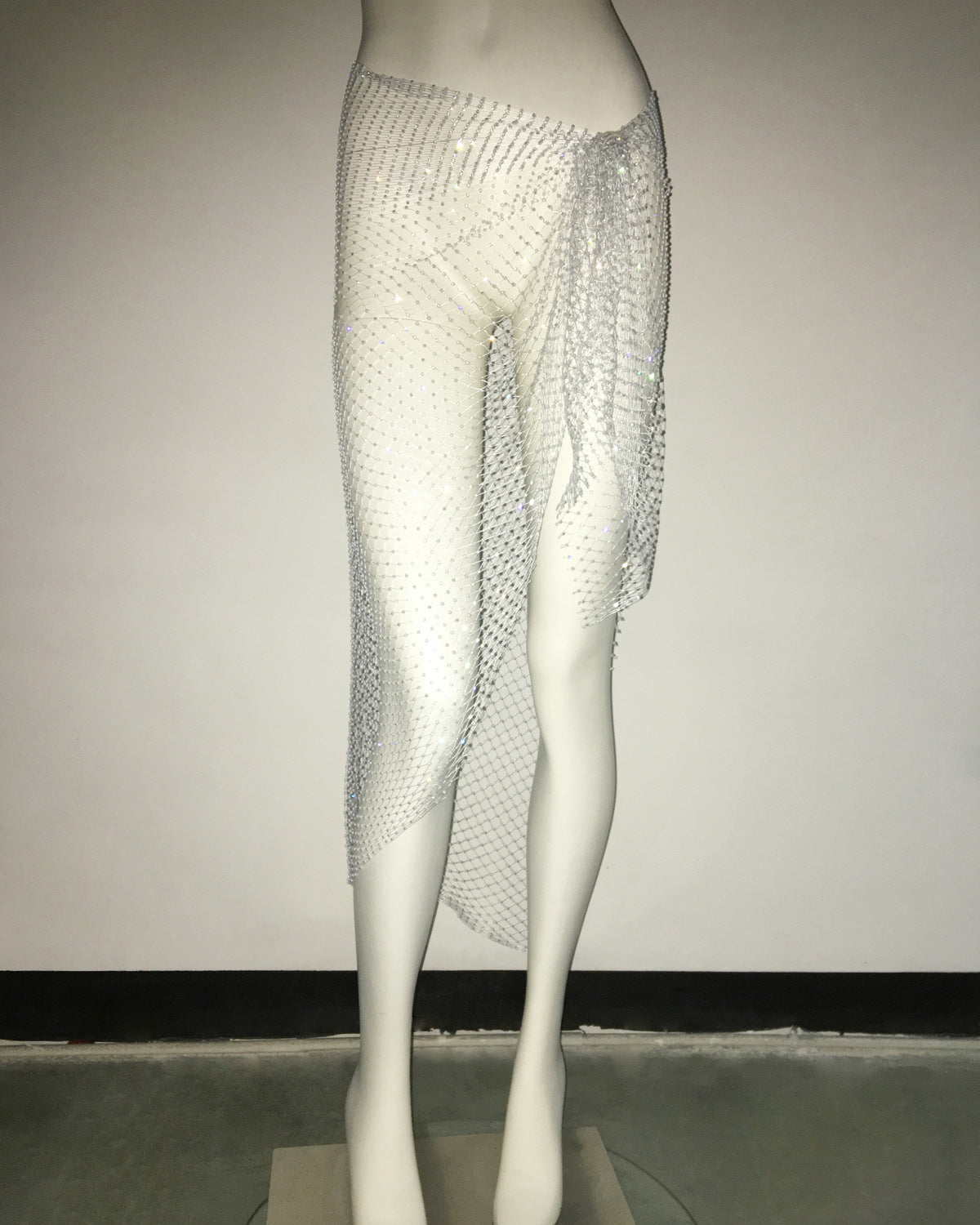 One Piece Triangle Hip Scarf Skirt Mesh Rhinestone Fishnet Skirt Sexy See Through Skirt