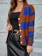 Classic Contrast Color Women Striped Sweater V Neck Single Breasted Waist Hem Cardigan