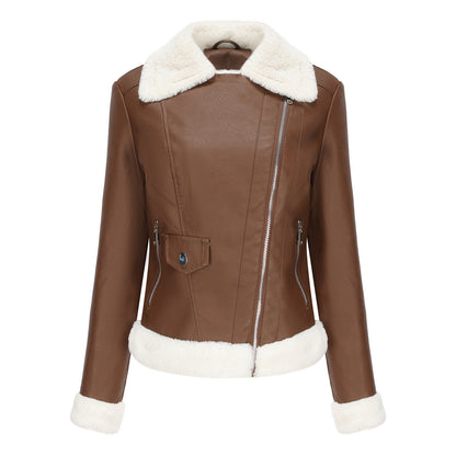 Autumn Winter Fleece Leather Jacket Women European Size Warm Long Sleeves Turn down Collar Coat Office Casual Jacket