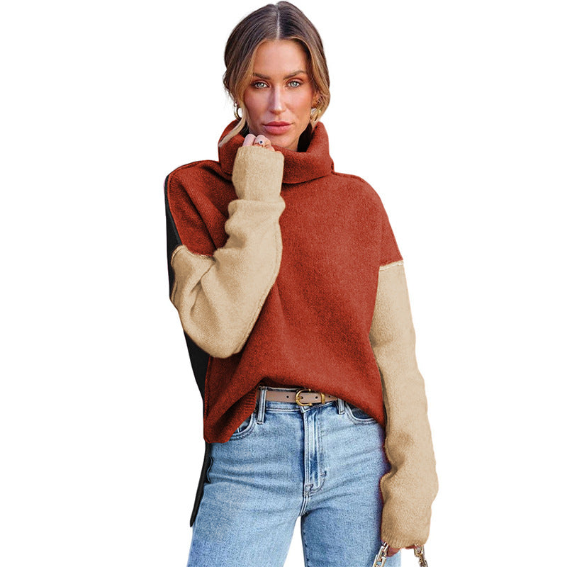 Contrast Color Pullover Women Autumn Winter Lazy Turtleneck Simple Stylish Casual Top Women