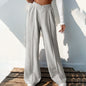 Women Casual Sweatpants Elastic V Shaped Smocking High Waist Stitching Wide Leg Pants