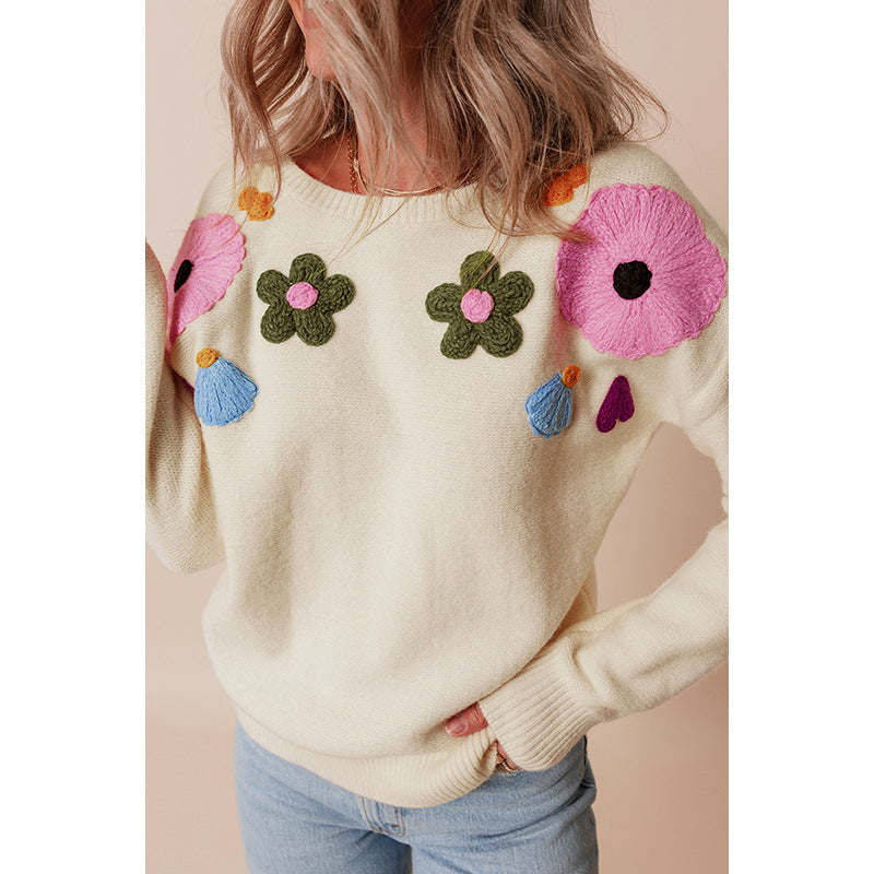 Summer Round Neck Knitted Top Women All Match Floral Embroidered Sweater