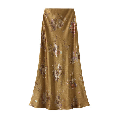 Stunning Elegant Fashionable Bronzing Printed Pleated Acetate High Waist Skirt Women Long Fish Tail Skirt