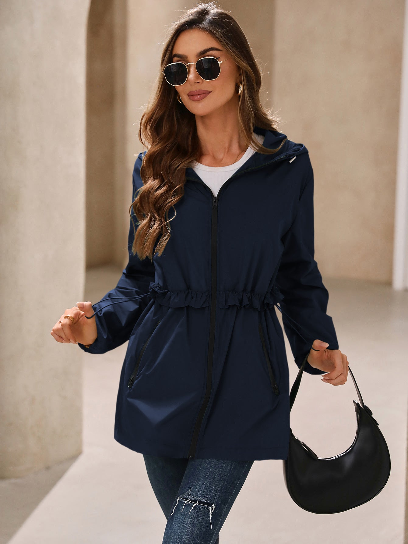 Autumn Winter Top Product Women Rainproof Waterproof Jacket Hooded Elegant Trench Coat with Pockets