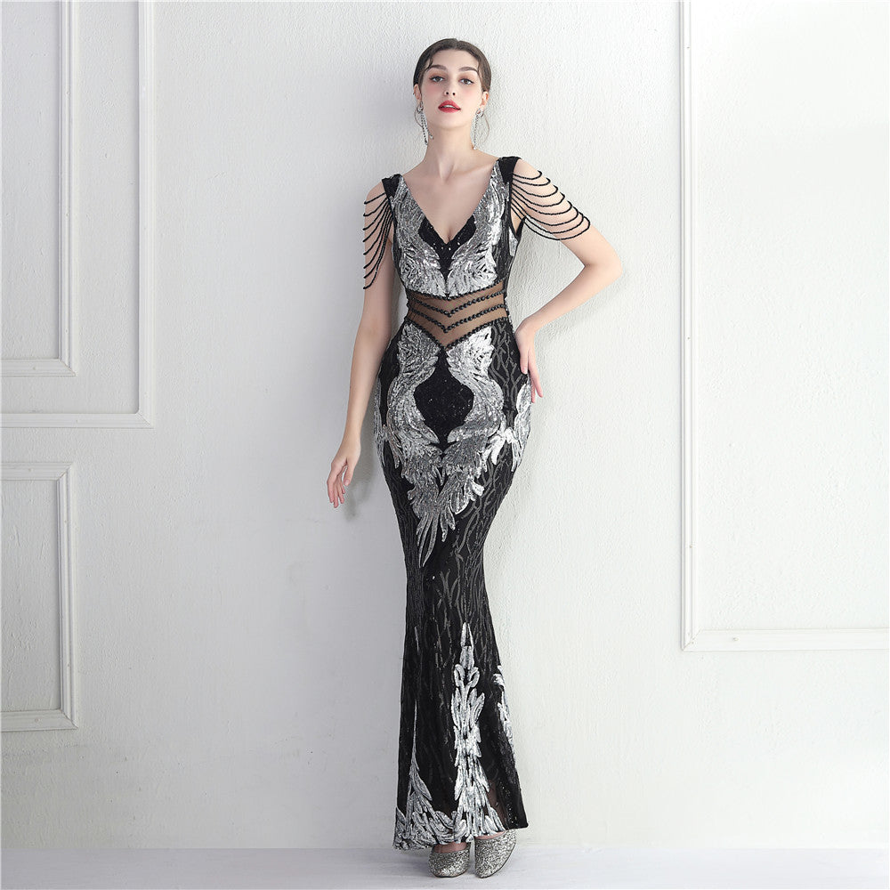 Positioning Floral Heavy Industry Beaded Long Fish Tail Evening Dress Suitable Attending Formal Occasions