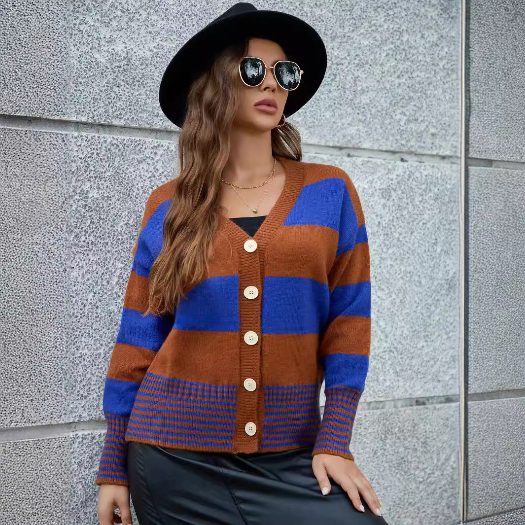 Classic Contrast Color Women Striped Sweater V Neck Single Breasted Waist Hem Cardigan