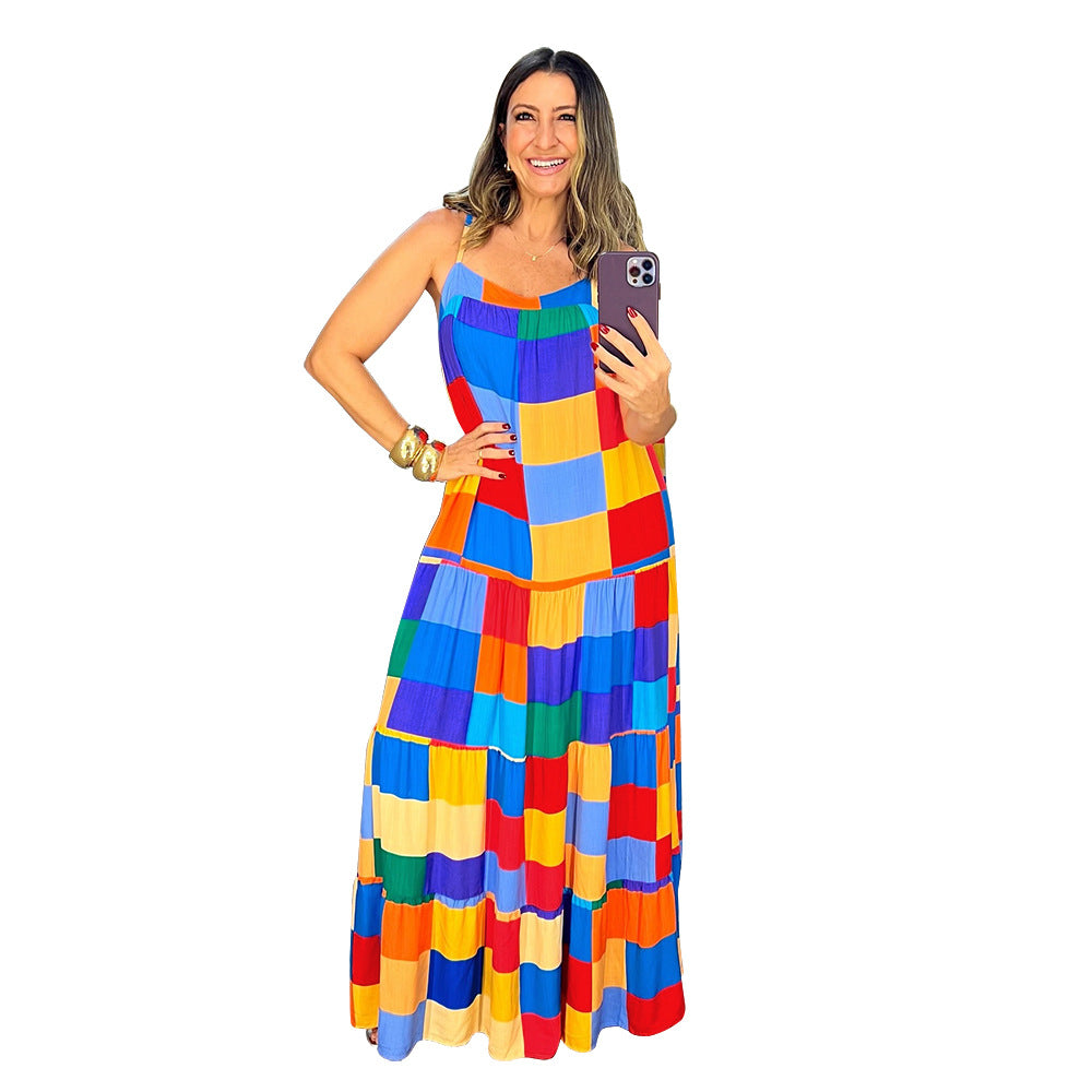 Women Clothing Summer Maxi Dress Suspender Plaid Colored Mosaic Straight Dress