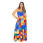 Women Clothing Summer Maxi Dress Suspender Plaid Colored Mosaic Straight Dress