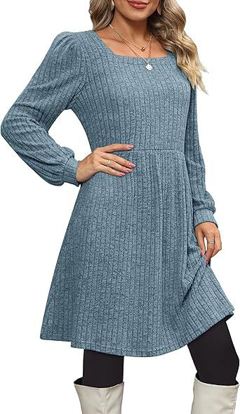 Women Clothing Square Collar Pocket Knitted Sweater Long Sleeve Casual Dress