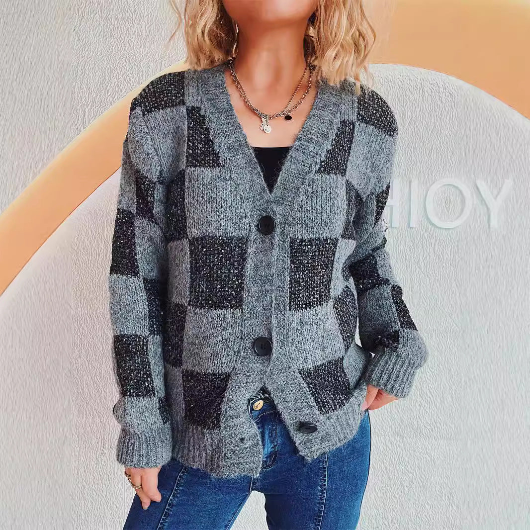 Autumn Winter Loose Single Breasted Knitted Cardigan Top Women Plaid Bow Brocade Sweater Coat Women